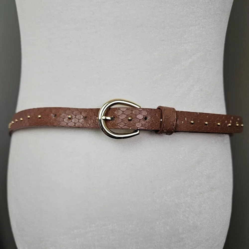 Talbots Brown Snake Embossed Leather Gold Tone Stud Skinny Belt XL